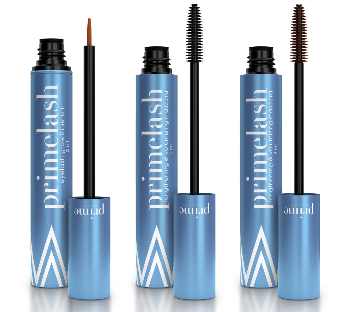Three blue tubes of PrimePrometics™ Both Mascaras + Serum are shown: Lash Serum with thin brush, plus Black and Brown Mascaras—both lengthening and volumizing—with bold white text and geometric accents.