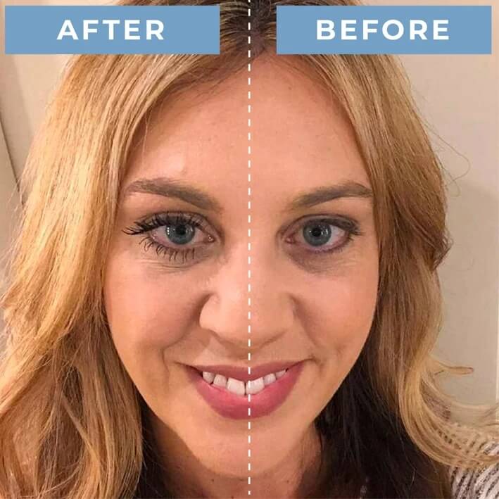 Side-by-side half-face comparison of a blonde woman, after Prime Prometics PrimeLash Mascara on the left and before on the right
