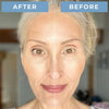 Side-by-side half-face comparison of a mature woman, after Prime Prometics PrimeLash Mascara on the left and before on the right