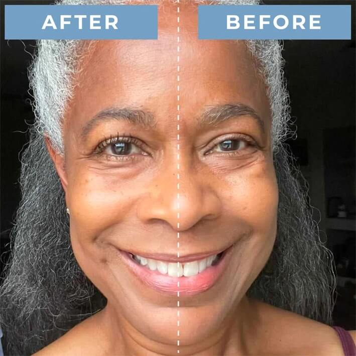 Side-by-side half-face comparison of an older Black woman with gray hair, after Prime Prometics PrimeLash Mascara on the left and before on the right