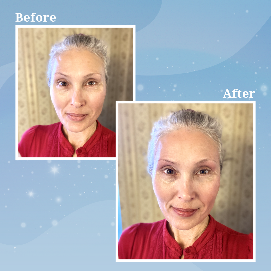Before-and-after of a mature woman showing a brighter, more glowing complexion after using Prime Prometics PrimeWand Pigment