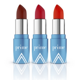 Three Prime Prometics PrimeLip Lipsticks displayed together in Mocha Satin, Razz My Berries, and Kool Aid shades