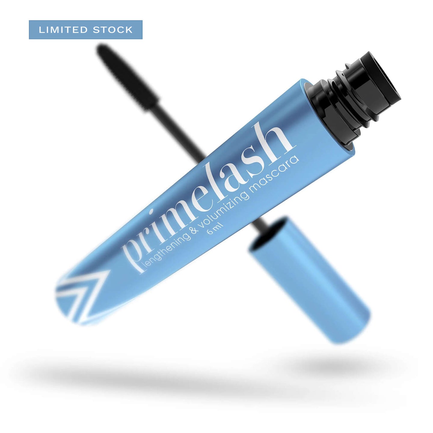 A blue tube of primelash lengthening & volumizing mascara with the wand unscrewed and visible. A label in the top left corner reads LIMITED STOCK on a blue background.